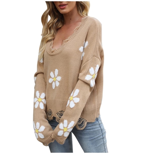Suéter de punto informal de manga larga de otoño e invierno para mujer con cuello en V estampado Pompotops hdfakjf11590