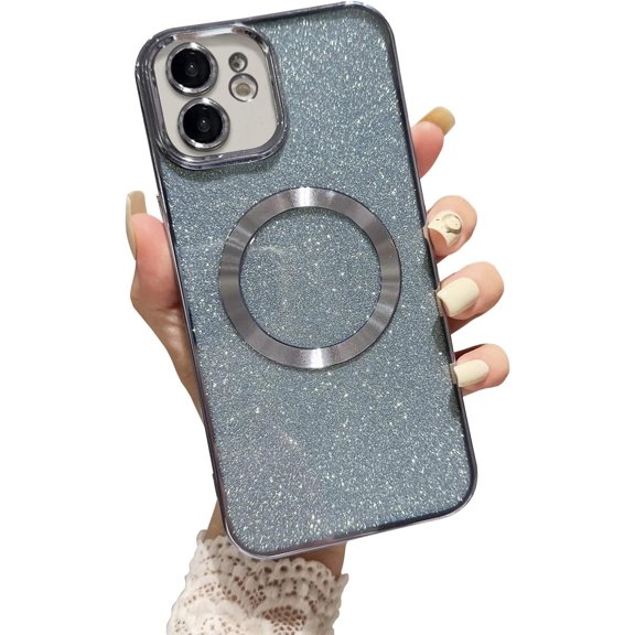 Compatible with iPhone 12 6.1" Magnetic Case [Compatible with MagSafe] with Camera Lens Protector, Luxury Plating Cute Glitter Bling Clear Case for Women Girls Soft TPU Cover-Blue
