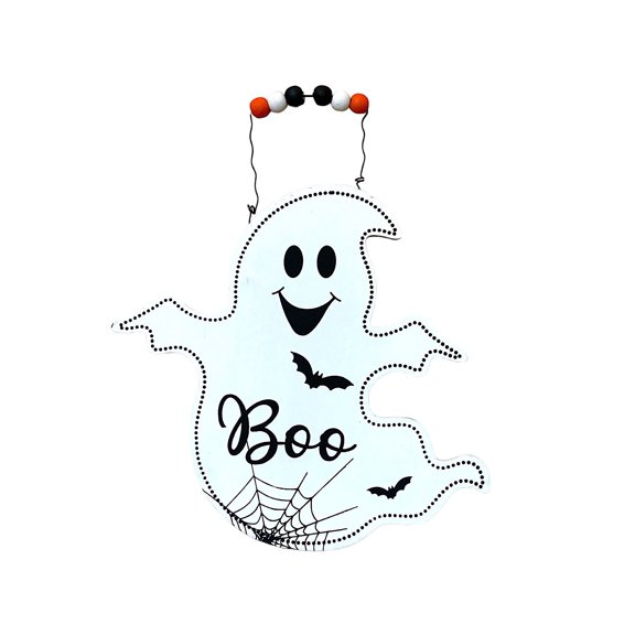 Happy Ghost Boo Sign With Bats & Spider Web Halloween Hanging Decor For Front Door Wall Room Decoration