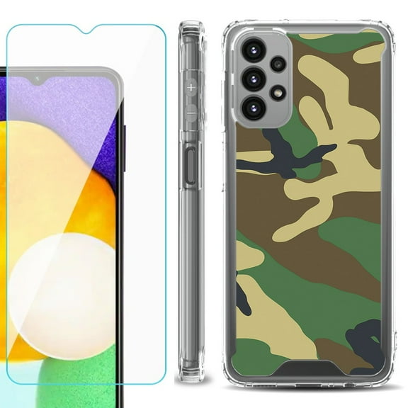 Shockproof Bumper Phone Case for Samsung Galaxy A23 5G, with Tempered Glass Screen Protector, by OneToughShield ® - Camo Green
