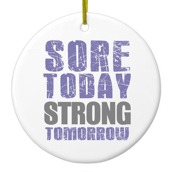 DistinctInk Hanging Ceramic Christmass Tree Ornament with Gold String - Great Gift / Present - 2 3/4 inch diameter - Sore Today Strong Tomorrow