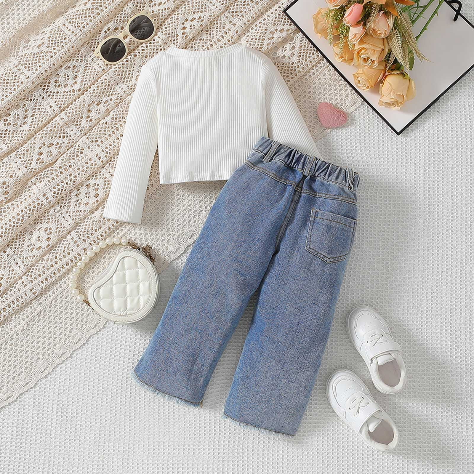 Toddler Girls Mother's Day Clothes Ribbed Baby Kids Girl Denim Outfits Long Sleeve Tops Love Hearts Jeans Pants