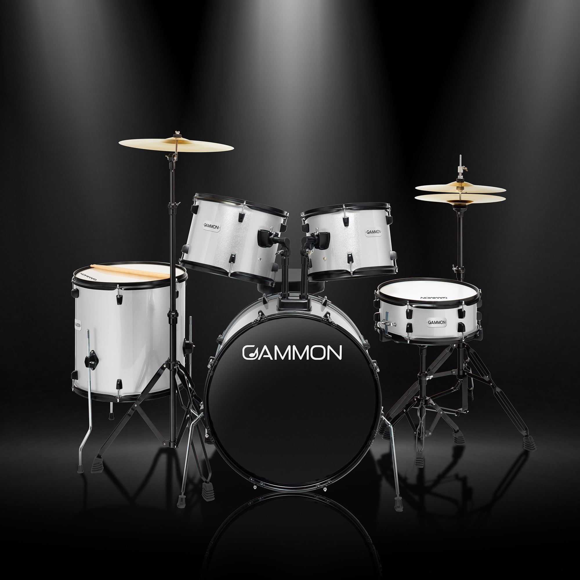 Gammon Percussion 5pc Adult Drum Set - Full Size Beginner Kit w/ Stool & Stands - Silver