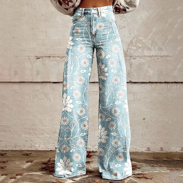 WILLBEST Jeans Mujer Pantalones Vaqueros de Pierna Ancha para Mujer, de Cintura Alta, Con Estampado Floral de Los Años 90, Informales, Cómodos y Elásticos. 1104 Grande