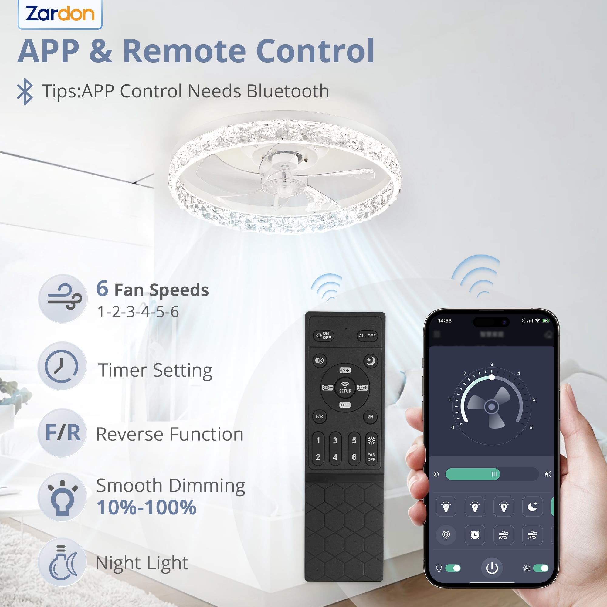 Zardon 20" Modern Ceiling Fan with Light and Remote Control & App Control -White Ceiling Fan for Bedroom, Kitchen
