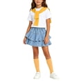 thumbnail image 4 of Daiosportswear Girls 4 Piece Summer Outfit Set, Crew Neck Tee Detachable Scarf Tiered Ruffle Denim Skirt Knee High Socks for 3-16Y Yellow 15-16 Years, 4 of 9