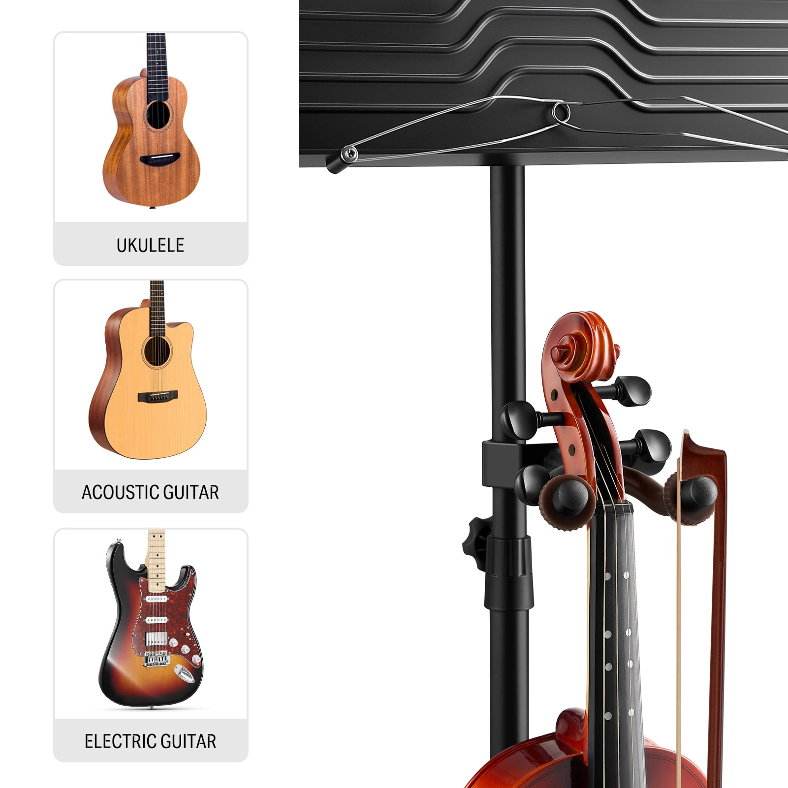 Donner Sheet Music Stand with Detachable Hanger for Guitar, Ukulele, Violin, Portable Metal Music Stand with Light