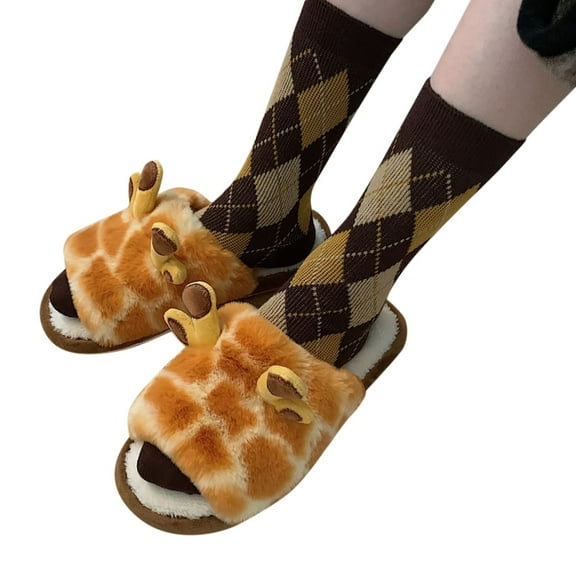 Chenyee Cute Cartoon Giraffe Cotton Slippers for Women Open Toe Fuzzy Animal Slippers Winter Indoor Slippers