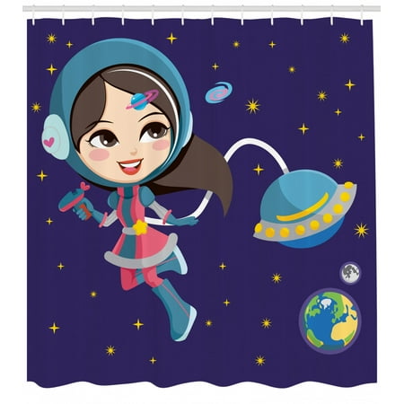 Girls Shower Curtain Cute Little Girl Exploring Space With Cosmic