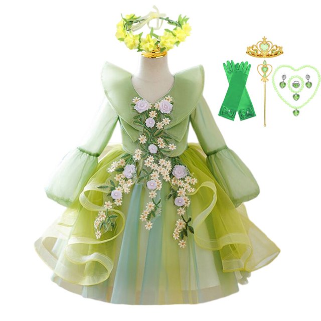Tinkerbell Fairy Dress Girl Disney Princess Tiana Disfraz de cumpleaños Fiesta de Halloween Traje de cosplay con alas Niños Green Frocks7-8T (Etiqueta 140) Gao Jinjia LED