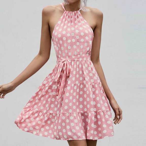 Nuoqisi Women's Summer Casual Halter Sleeveless Polka Dot Fashion Fitted Dress - Playful Pattern Design for Seasonal Celebrations and Confident Style