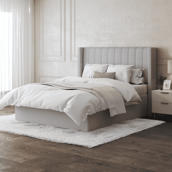 Modern Velvet King Bed Frame With Hydraulic Storage, Modern Wingback Design Bed, Metal Bed Frame with High Headboard
