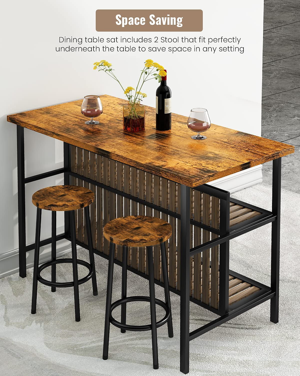 Cvortll Kitchen Island With Seating, Wooden Counter 33"Height Table with Storage Kitchen Table Set for 2
