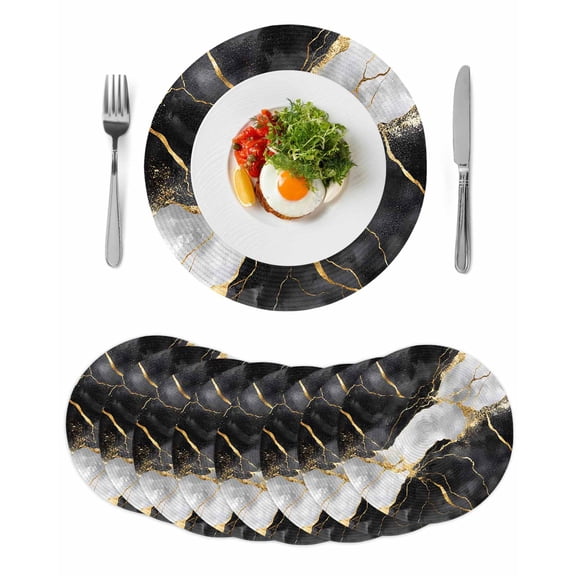 Round Woven Placemats set of 8, Black And White Gold Washable&Heat Resistant Plastic Wipeable Placemats for Round Table Abstract Marble Textured Kitchen Dining Table Decor, 15in,