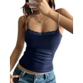 thumbnail image 3 of Women'S Summer Lace Trim Tops Spaghetti Strap Low Cut Ribbed Crop Tank Tops Y2K Going Out Navy Blue S, 3 of 9