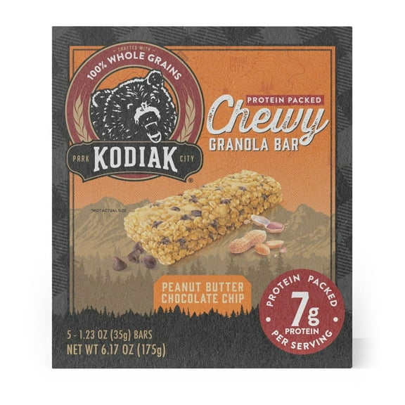 Kodiak Protein Packed Peanut Butter Chocolate Chip Chewy Granola Bar, 1.23 oz, 5 Count Cardboard Box