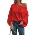 thumbnail image 3 of Women's Off The Shoulder Long Sleeve Pullover Tops Blouses Shirts Solid Color Loose Fit Casual Daily Wear Vacation Beach Party Night Out Fashion Essential Gift for Women | Sopatenor,Red XL, 3 of 8