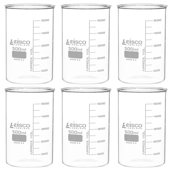 6PK Tall Form Beakers Without Spout, 500mL - Graduated - Borosilicate Glass - Berzelius Beakers - Eisco Labs