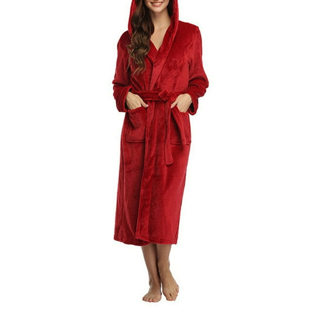 Peignoirs pour Femmes en Molleton Pelucheux à Capuche, Robe de Chambre Épaisse avec Poches, Vêtement de Nuit, Cape, Robe Rouge Vin G