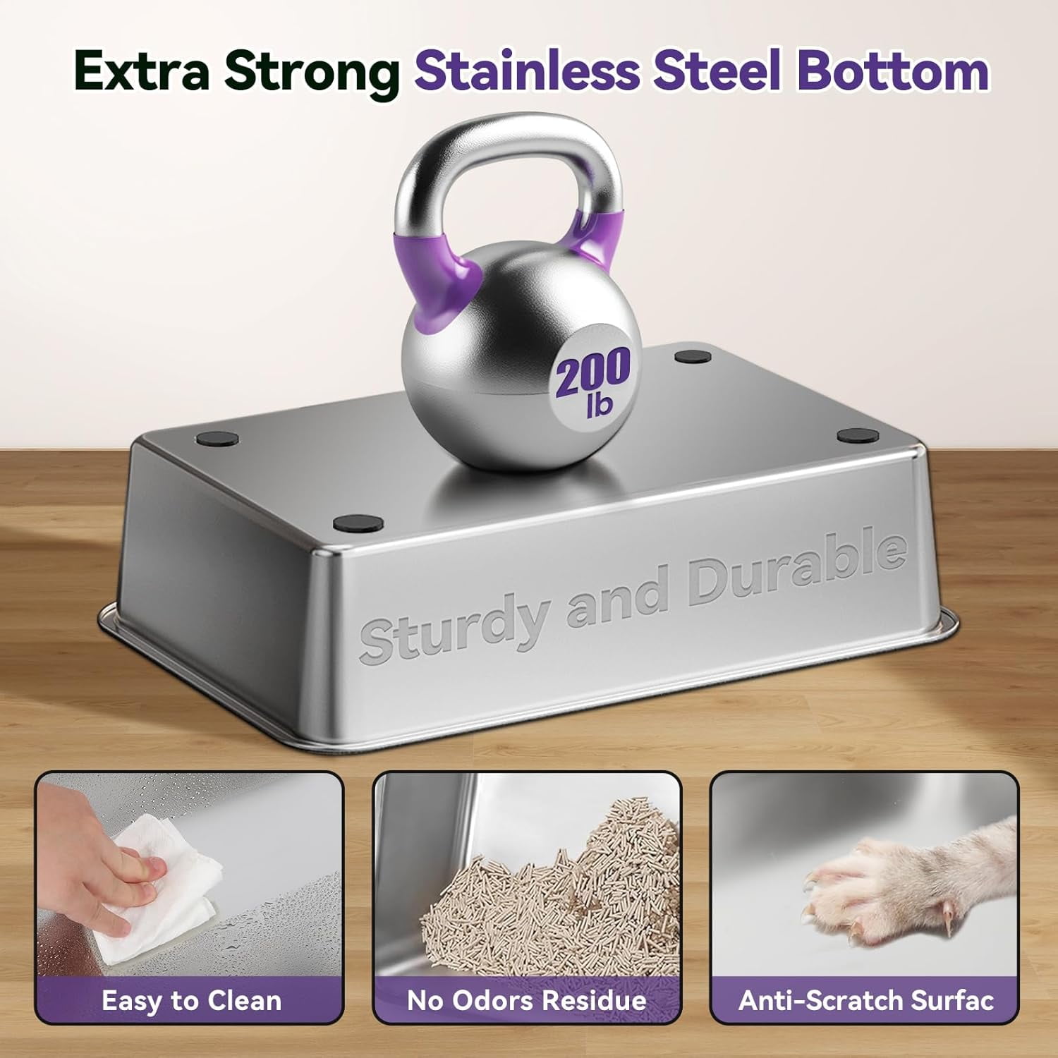 Stainless Steel Cat Litter Box with Removable Lid,Free in & Out Covered Metal Litter Box,Large Enclosed Litter Box with Litter Scoop & Mat, Easy Cleaning, Odor Free,Anti-Leakage for Kitty(Purple)