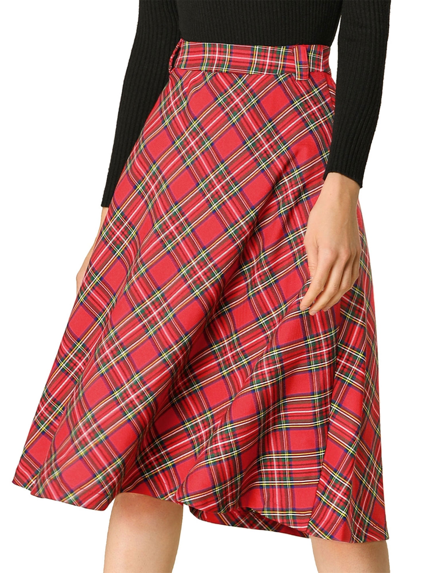 DARING DIVA Women's Plaid Belted Vintage A-Line Midi Skirt M Red