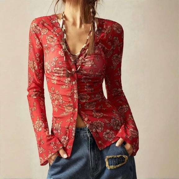 MORTTIC Women's Floral Print V-Neck Blouse - Long Sleeve Button Ruffle Detail Tops for Spring/Fall Red,S