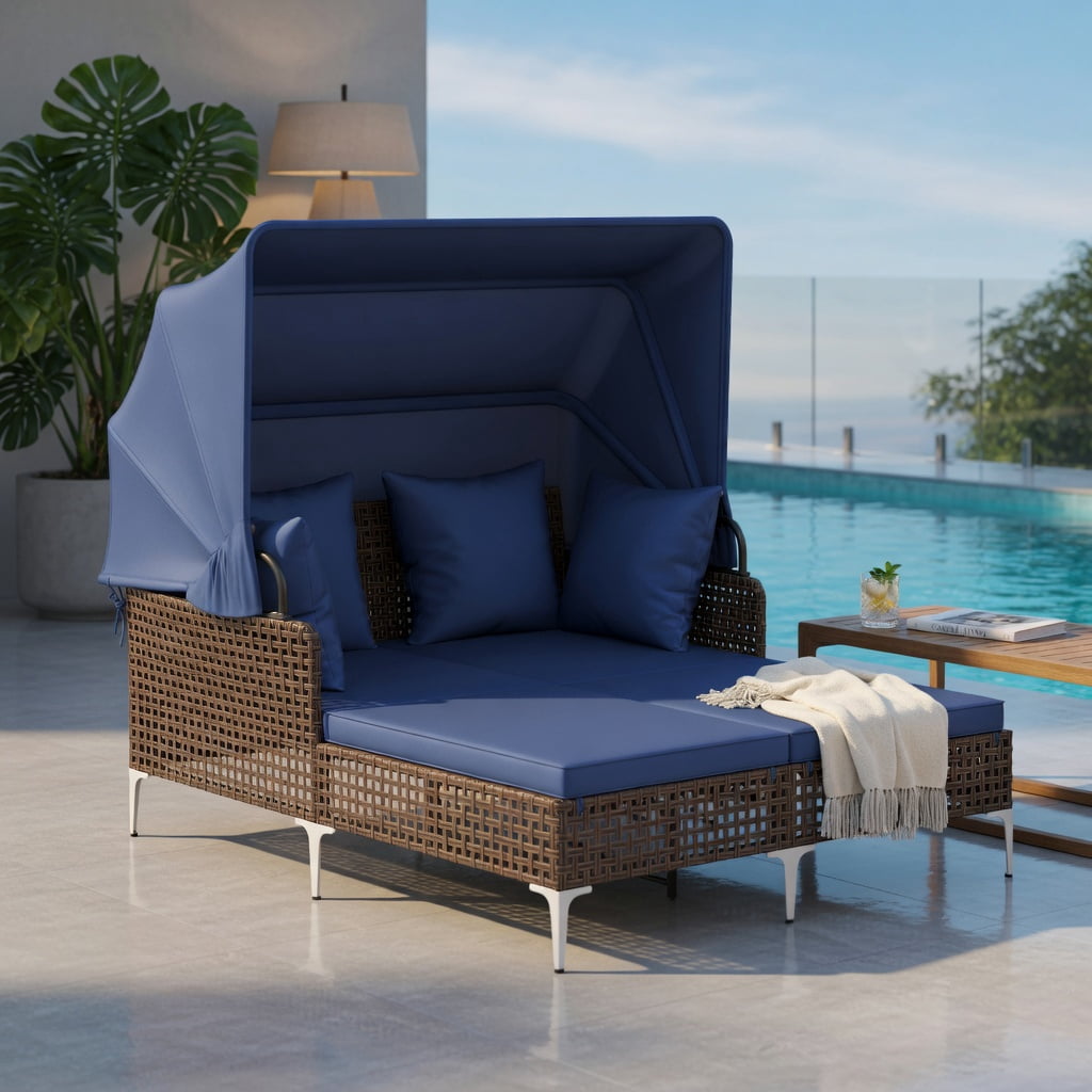 Hommoo Outdoor Daybed with Retractable Sun Canopy, PE Wicker Patio Lounger with Cushions, Ideal for Backyard, Poolside & Garden, Navy