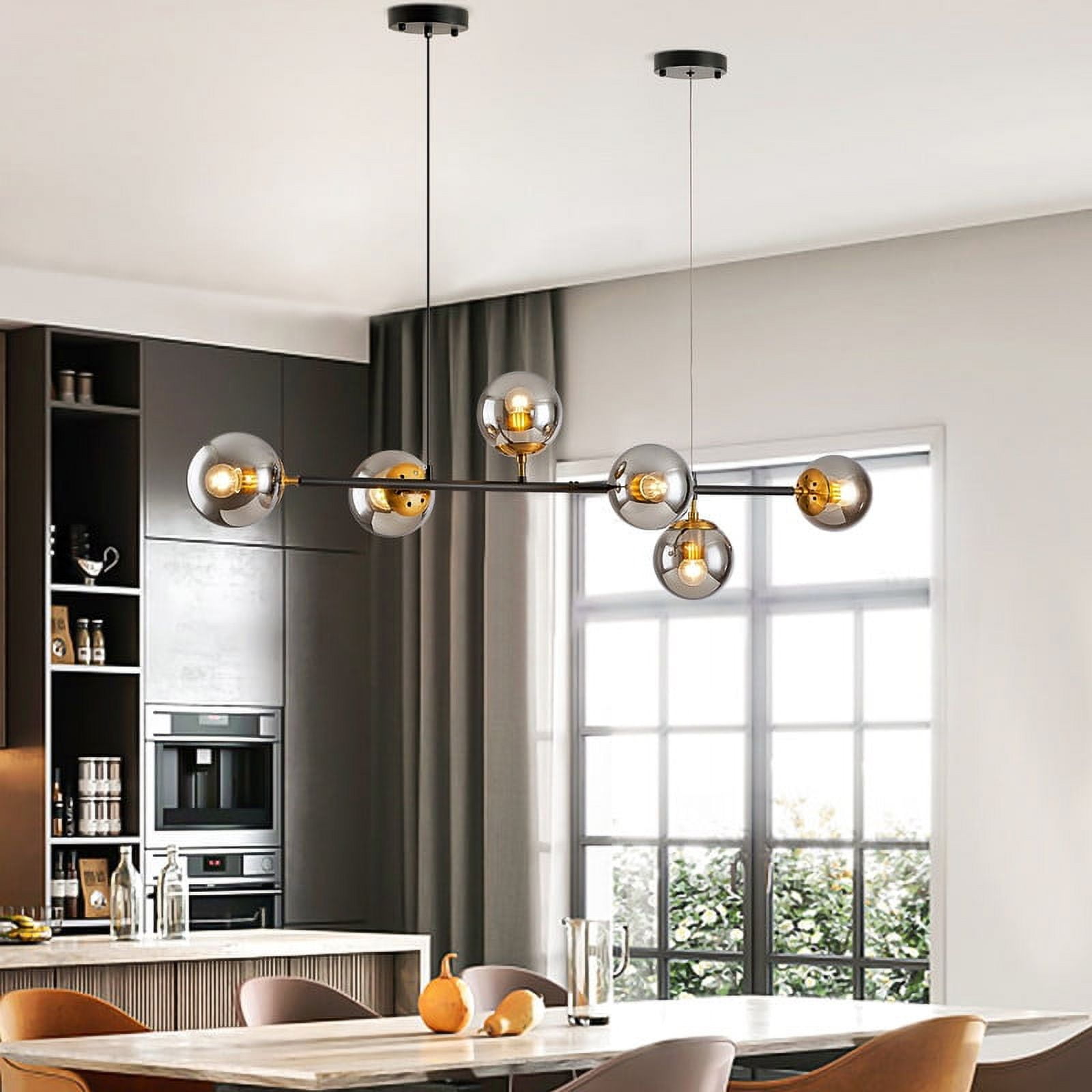 Vikaey Mid Century Modern chandelier Black and Smoke Gray Glass Globe Linear Ceiling Light Fixture 6-Light Adjustable Pendant Light Fixture for Kitchen,Living Room,Dining Room