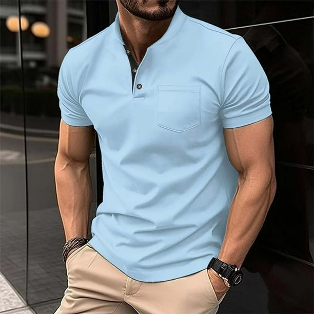 Blusa y camisa de manga corta con cuello alto para hombre, moda de color liso, con botones y bolsillo, blusa de manga corta con cuello alto, abrigo de poliéster para hombre