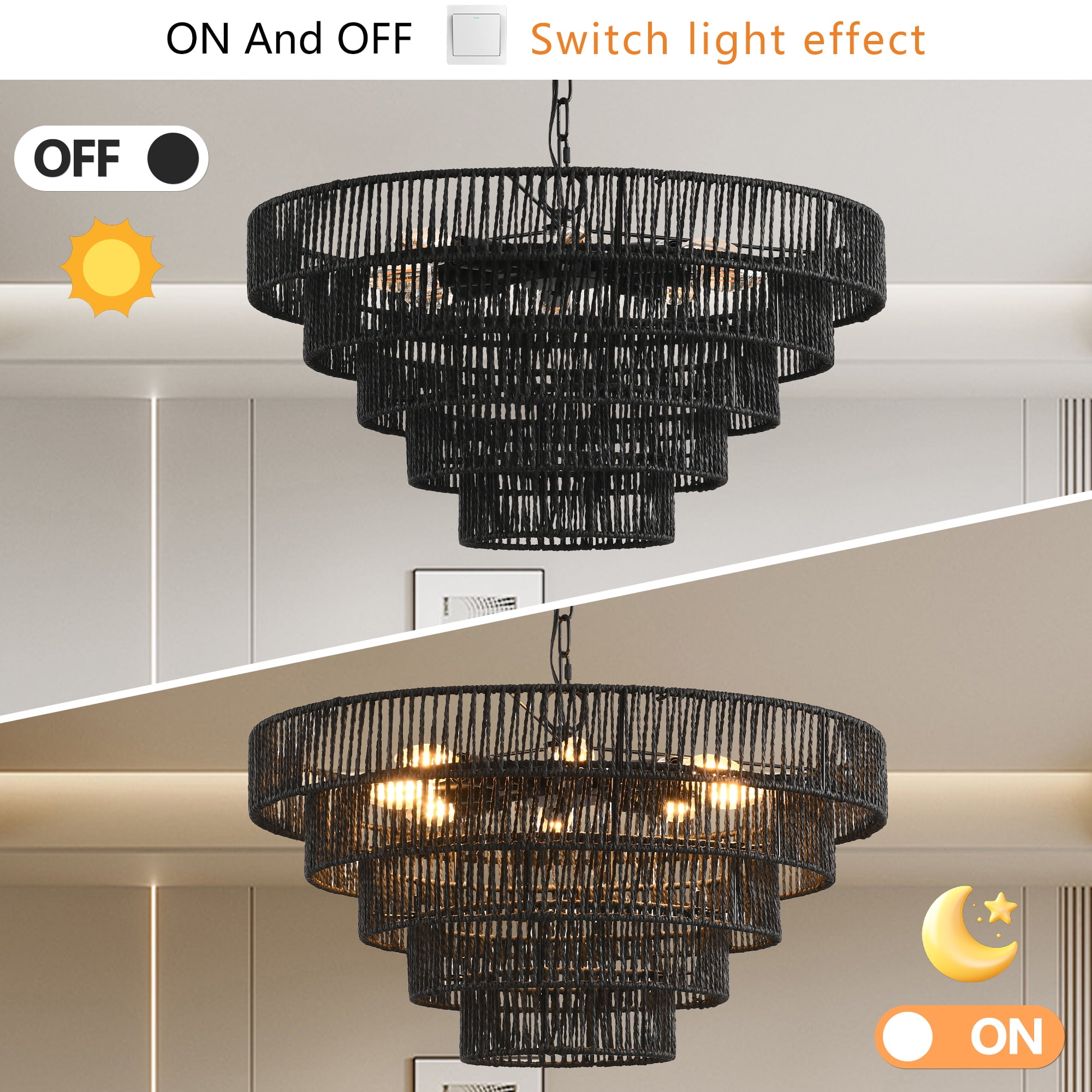 Jopath 24" Rustic 5-Tier Black Hemp Rope Pendant Light Chandelier with 8 E12 Sockets, Boho Farmhouse Ceiling Fixture for Dining Room, Kitchen, or Entryway (Bulb Not Included)