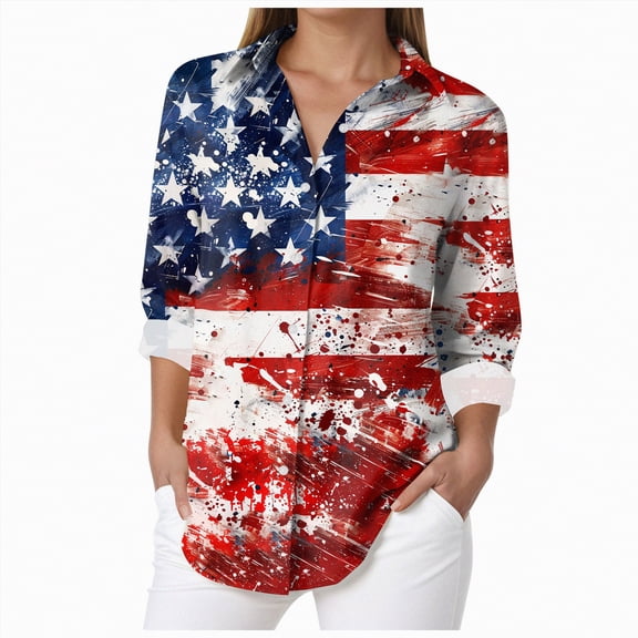 Leey-World 4th Of July Shirts for Women Button Up 4th of July Shirts for Women America Printed Tshirt Patriotic Vintage USA Tee Tops(Red,S)