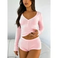 thumbnail image 6 of Womenacute;s Spring Summer Outfit Sets Long Sleeve Button Tops + Solid Color Low Waist Shorts, 6 of 8