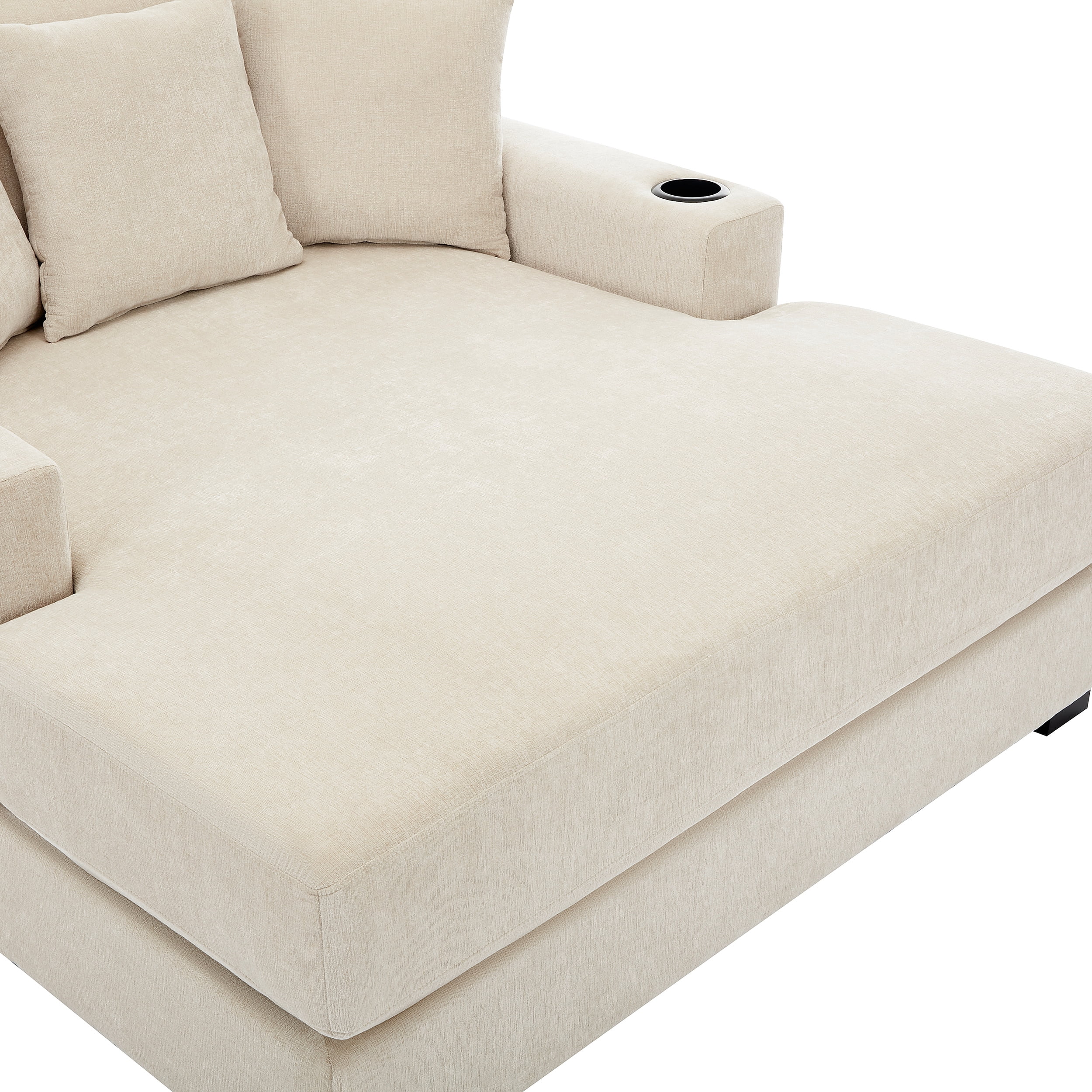 Euroco 55" Oversized Chaise Lounger Modern Style Sofa Couch ,with Pillows, Charge Station & Cup Holders, Chenille Fabric, Cream