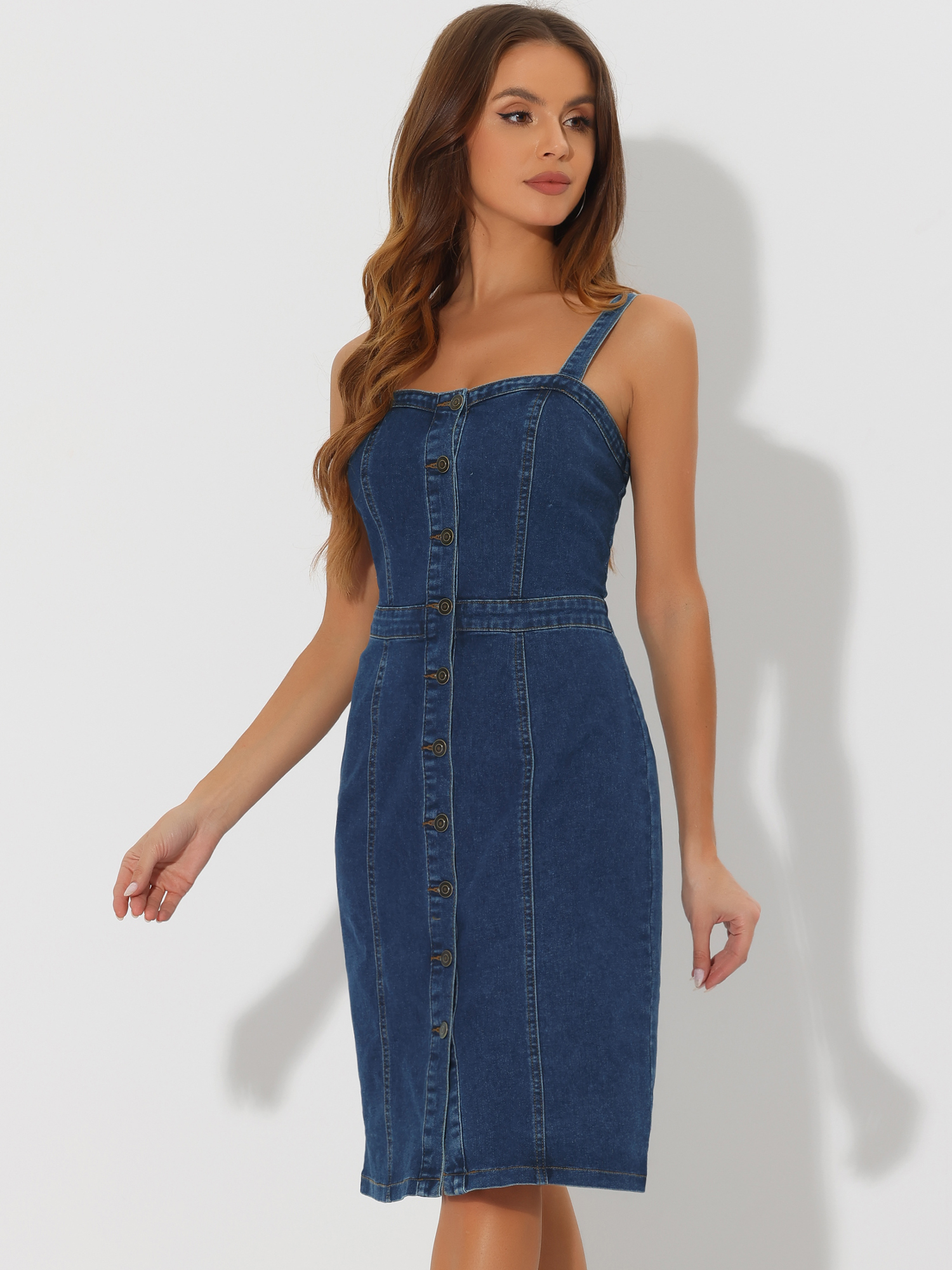 DARING DIVA Button Down Denim Sleeveless Sweetheart Neck Jean Dresses S Dark Blue