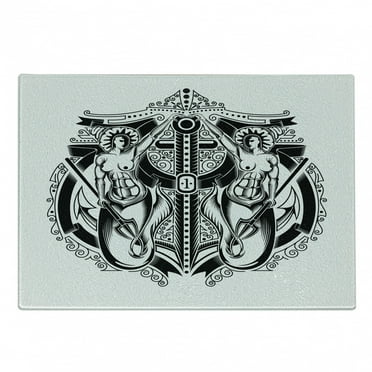 Vintage Mermaid Cutting Board, Marine Emblem Style Fish Person with Trident, Decorative Tempered Glass Cutting and Serving Board, in 3 Sizes, by Ambesonne