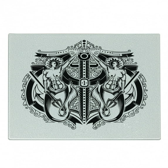 Vintage Mermaid Cutting Board, Marine Emblem Style Fish Person with Trident, Decorative Tempered Glass Cutting and Serving Board, in 3 Sizes, by Ambesonne