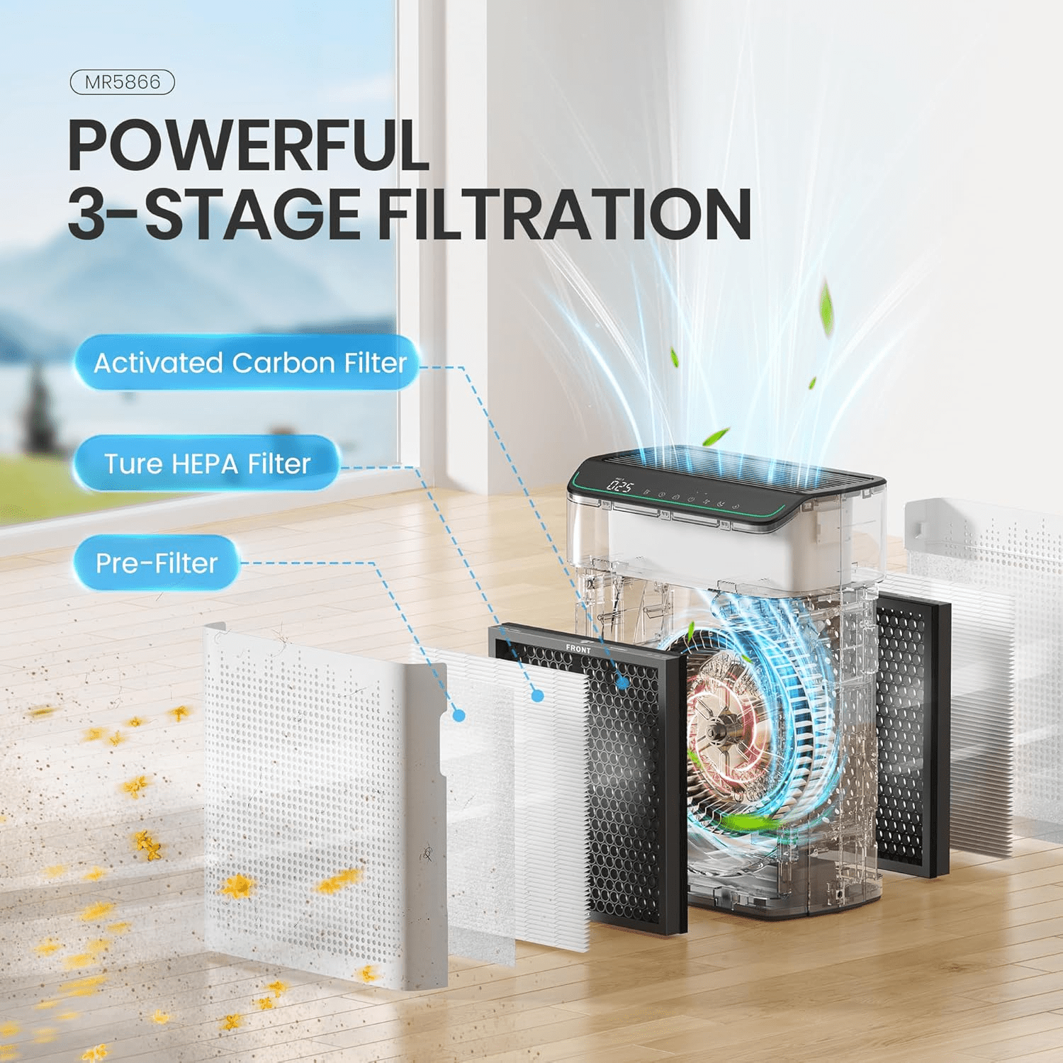 MORENTO Smart Air Purifier for Home Bedroom Large Room Up to 1290 Sqft, Wi-Fi and Alexa compatible, Double-sided HEPA Filter Air Cleaner for Smoke, Dust, Pollen, Pet Hair, Odor, White