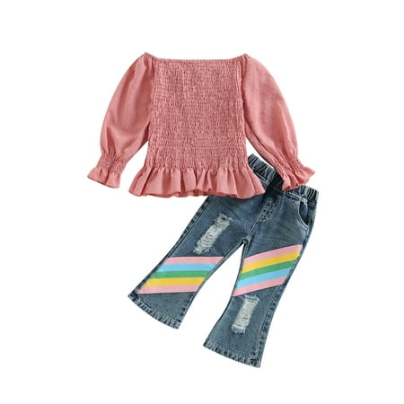 

Peyakidsaa Kids Baby Girl Autumn Clothes Set Off Shoulder Long Sleeve Ruched Pullover + Rainbow Print Ripped Flare Jeans