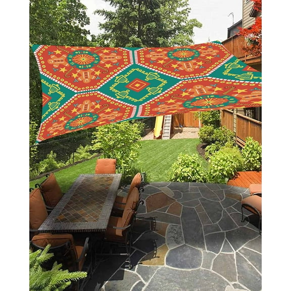 Sun Shade Sail 14x18Ft Abstract Geometric Bohemian Ethnic Symbols Texture Uv Block Sunshade Canopy Outdoor Shade Cover Rectangle Shade Cloth For Patio Garden Yard Deck Pergola