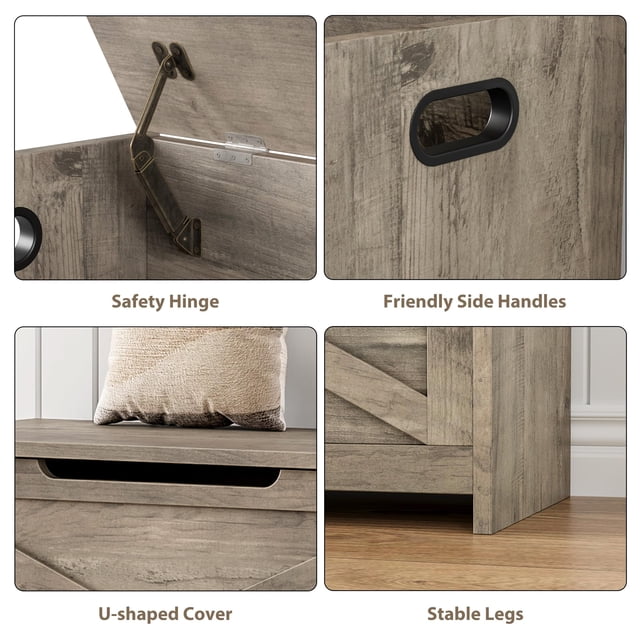 30-Inch Wooden Storage Bench with Safety Hinges – Multifunctional Entryway Chest, Toy Box, and Shoe Organizer – Easy Assembly – Sturdy Design for Living Room and Bedroom – Washed Ash