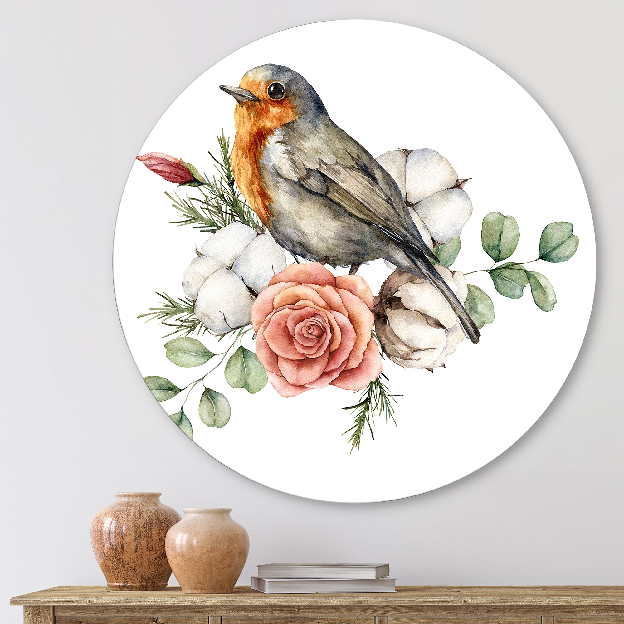Designart 'Cotton Rose and Leaves With Robin Redbreast' Traditional Circle Metal Wall Art 11x11 - Disc of 11