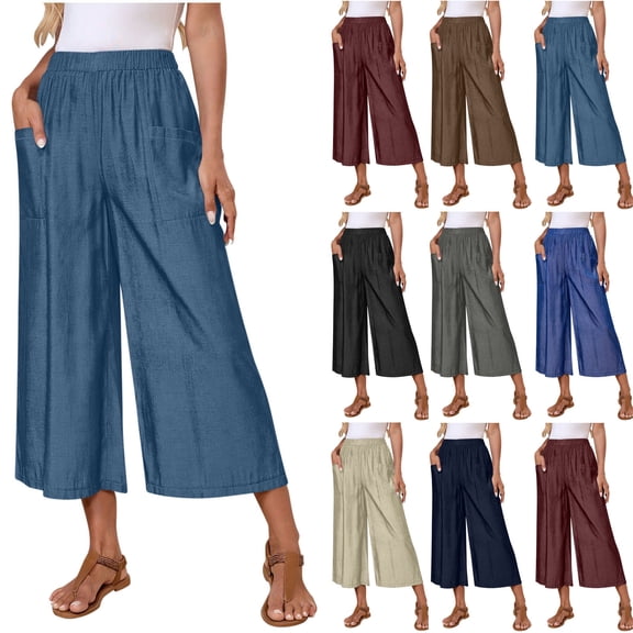 DDAPJ pyju Women Elastic Waist Wide Leg Capris Cropped Denim Pants Jeans Palazzo Culottes with Pockets Limited Time Sales Dark Blue L