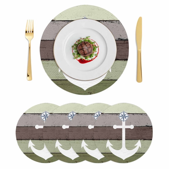 Nautical Anchor Round 15 Inch Placemats Set of 4, Farmhouse Sage Green Brown Wooden Grain HeatResistant Non Slip Place Mats for Dining Table, Wipeable Braided Kitchen Table Mats for Housewarming