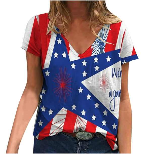 Camiseta informal de moda para mujer con cuello en V y manga corta con estampado de estrellas Fridja hjk4171