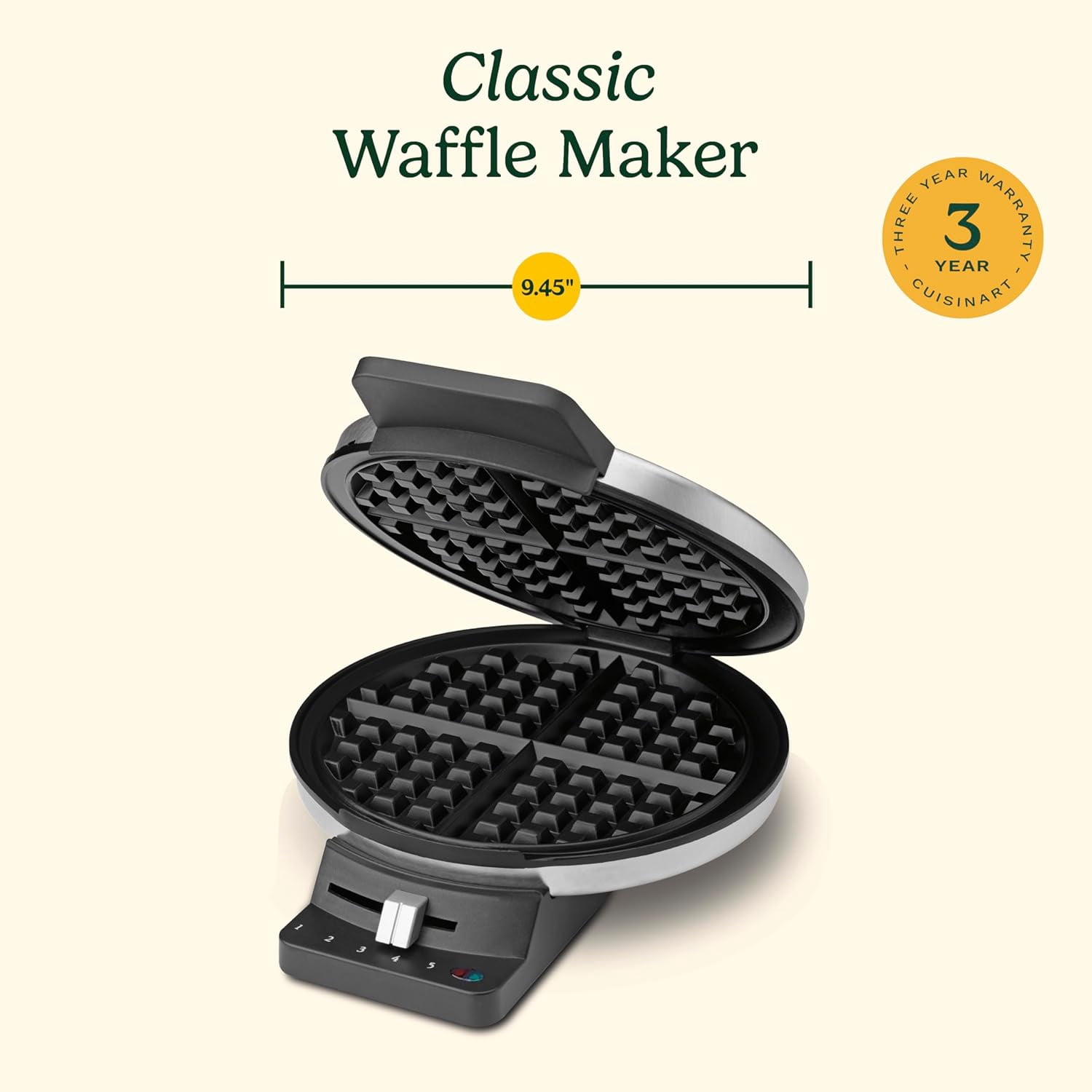 Waffle Maker, 1250W Round Classic Waffle Iron, 5-Setting Adjustable Browning Control,Brushed Stainless