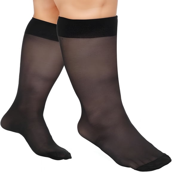 TELOLY 6 Pairs Plus Size Knee High Stockings for Women,Black Nylon Socks with Wide Calf Stretchy Silky Soft