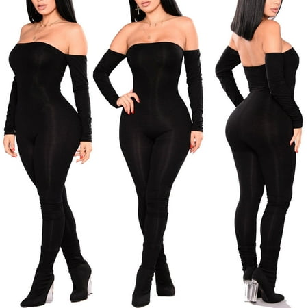 Women Jumpsuit Off Shoulder Bodycon Long Sleeve Clubwear Playsuit Jumpsuits Rompers Skinny Sexy Jumpsuits Female Black Trousers