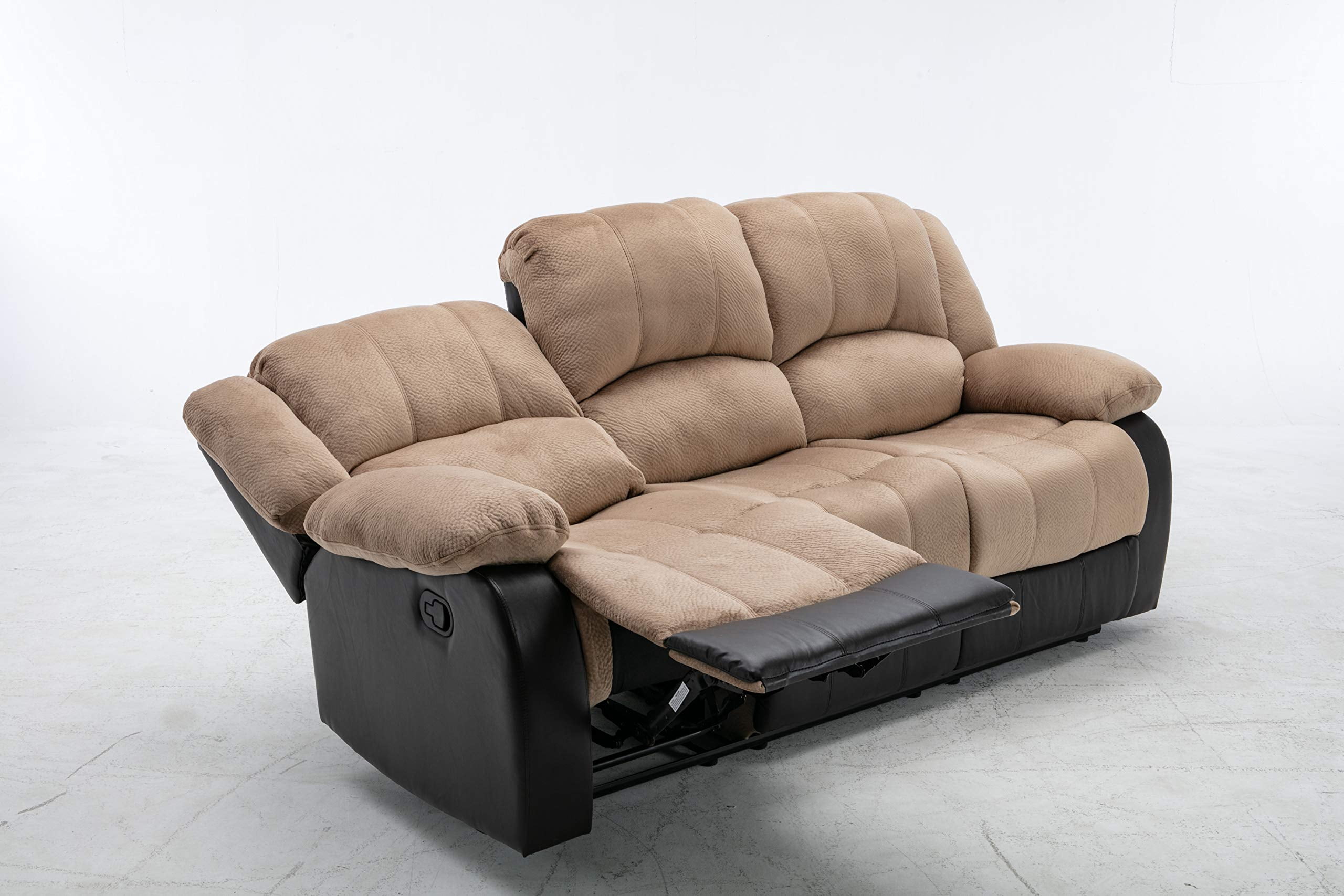 Nathaniel Home Champion Manual Double Reclining Sofa, PU Leather Upholstered 3-Seat Couch, Tufted Recliner, Plush Scoop Seating, for Living Room Home Theater, Beige Adult