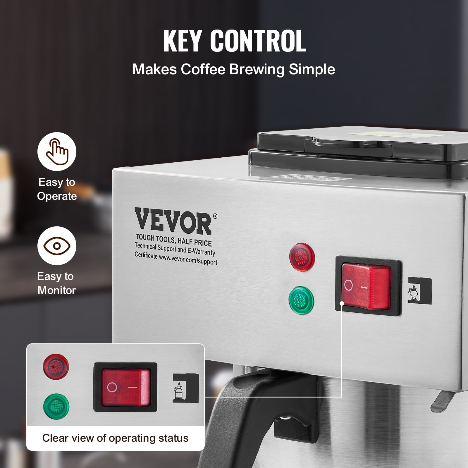 VEVOR 12 Cups Commercial Drip Coffee Maker, Coffee Maker Machine with 3 Glass Carafes and 3 Warmer Plates, Stainless Steel Pour Over Coffee Brewer with Auto Water Intake, for Restaurant Office Cafe