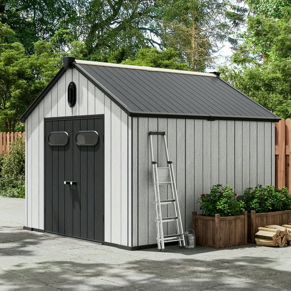 Outdoor Storage Shed, 8x10 Resin Shed with Floor Included, Outside Sheds Storage Waterproof for Bike, Tools, Garden, Backyard